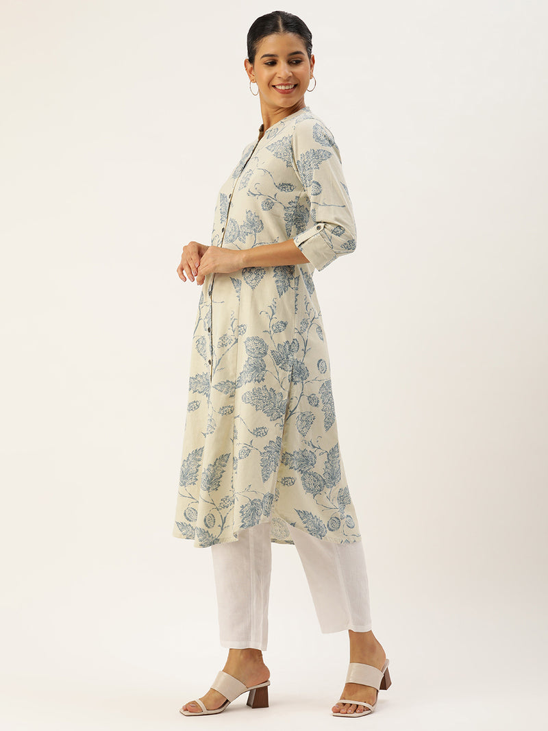 Beige & Blue Floral  Printed Kurta