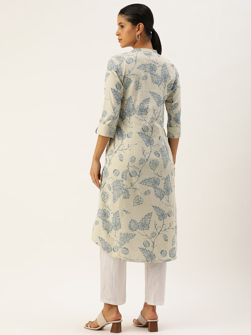 Beige & Blue Floral  Printed Kurta