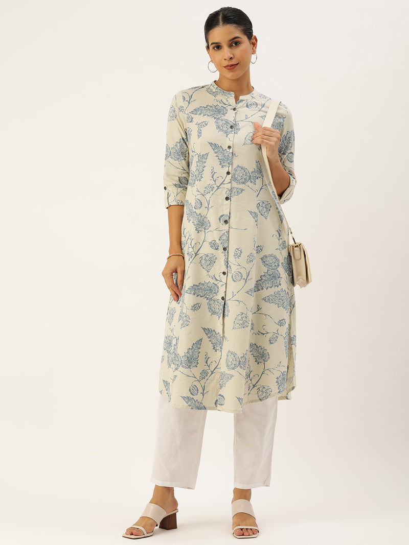 Beige & Blue Floral  Printed Kurta