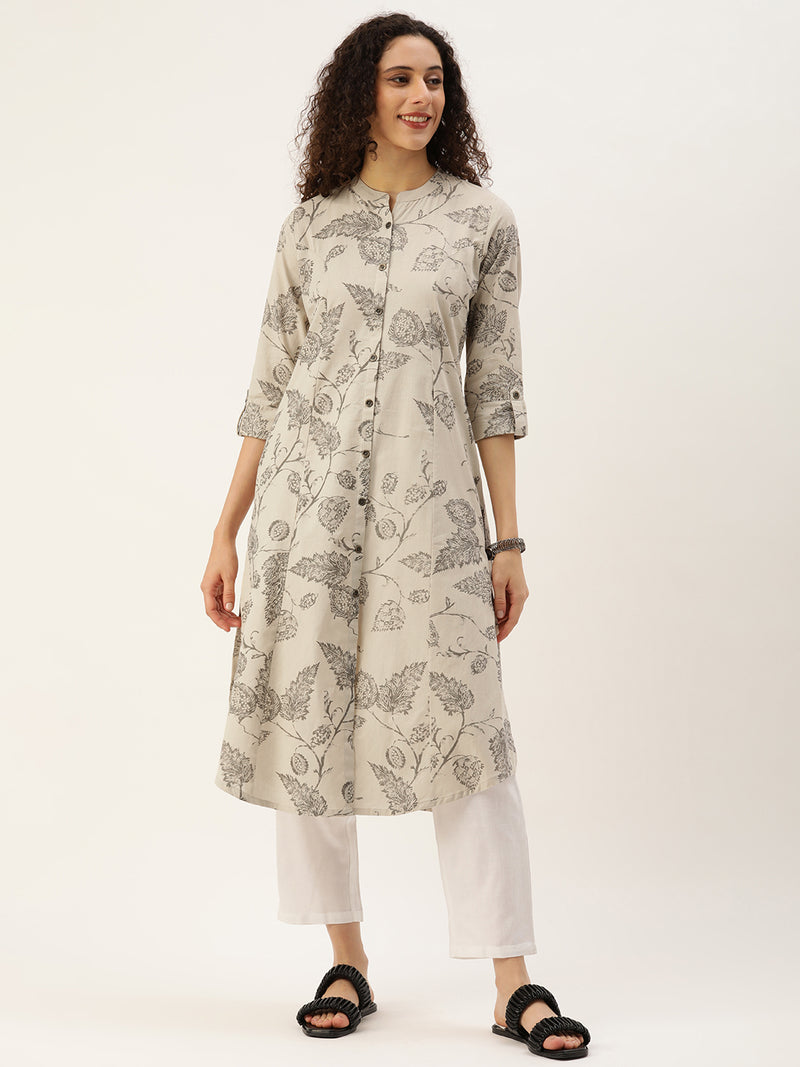 Beige and Grey Floral  Printed Kurta