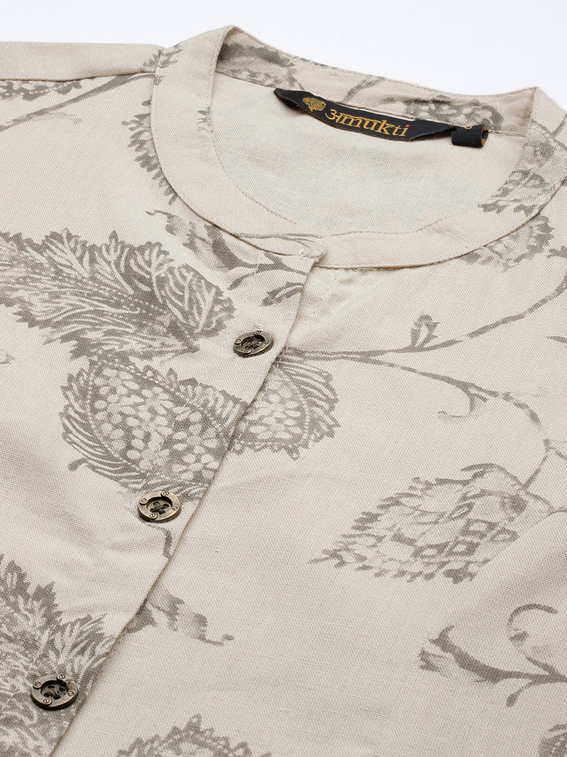 Beige and Grey Floral  Printed Kurta