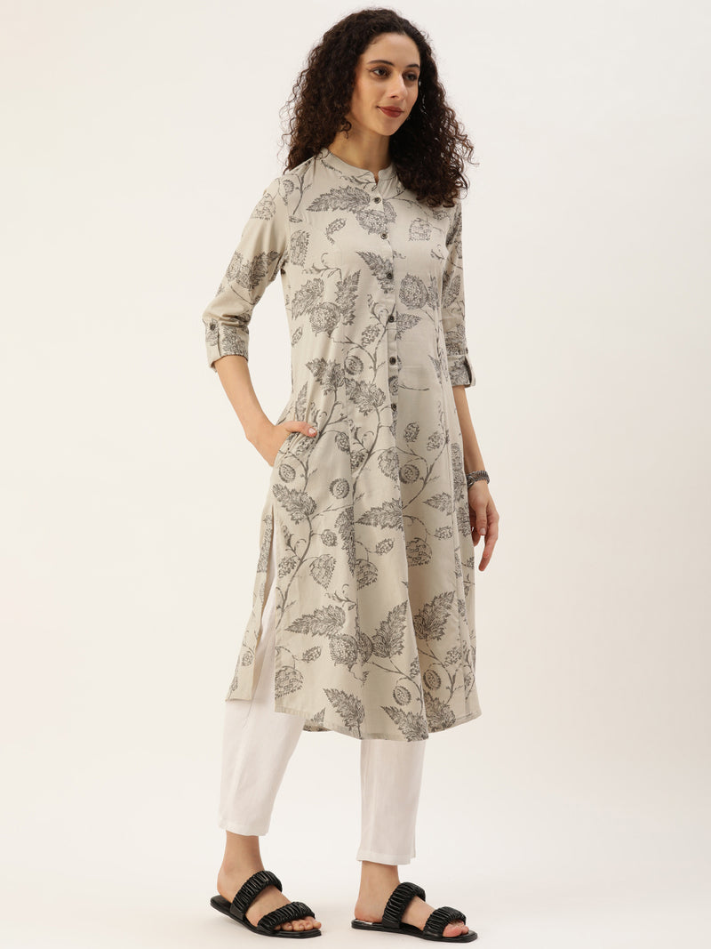Beige and Grey Floral  Printed Kurta