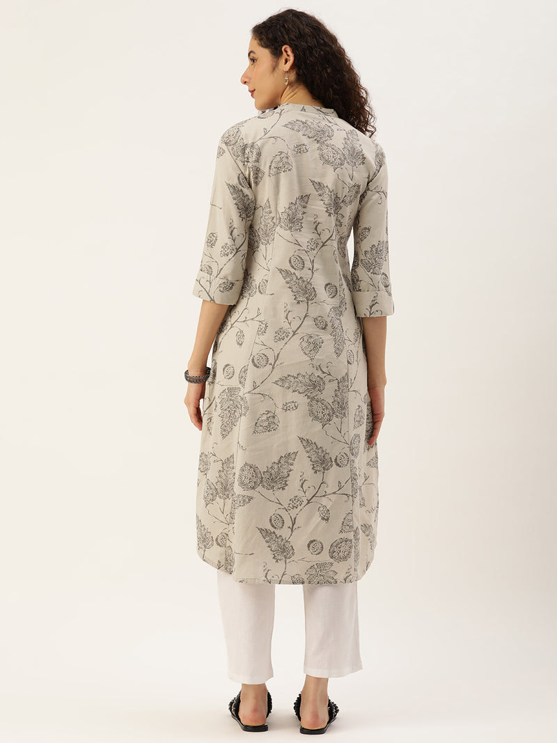 Beige and Grey Floral  Printed Kurta