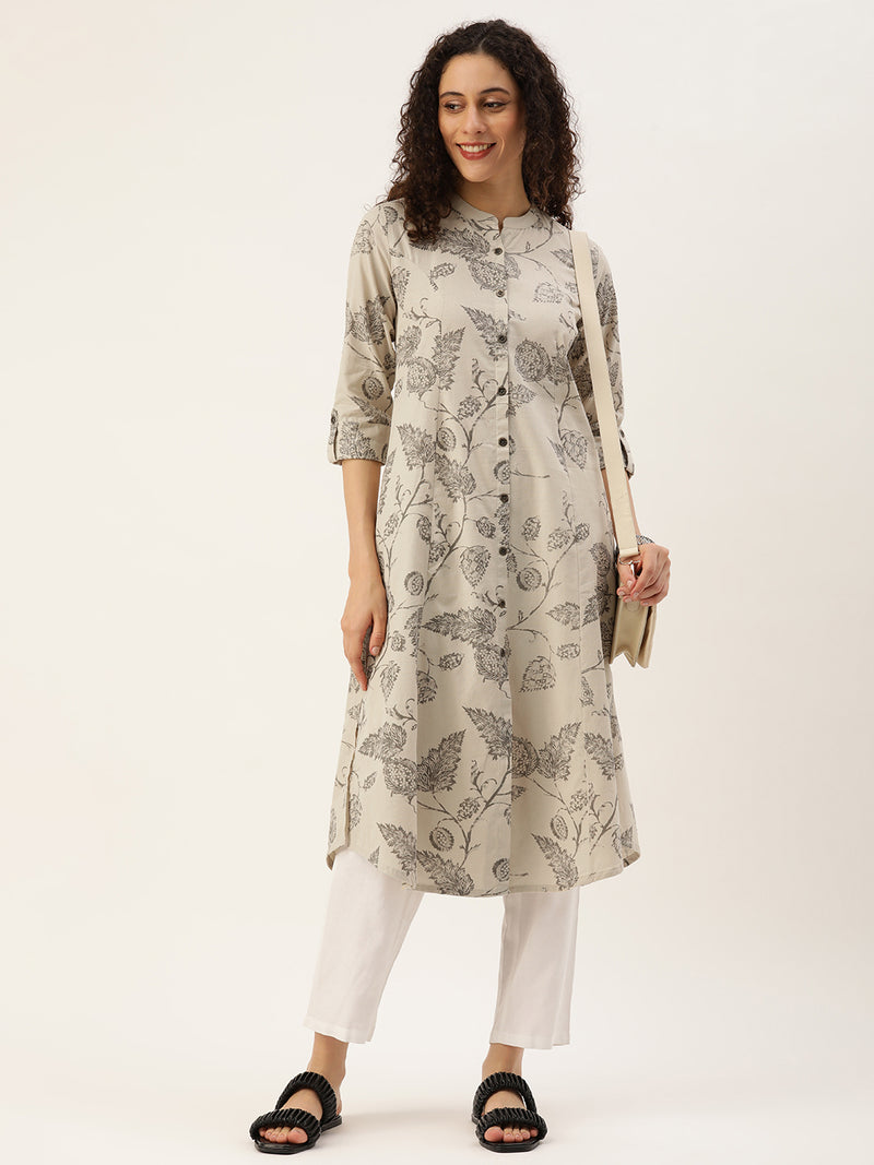 Beige and Grey Floral  Printed Kurta