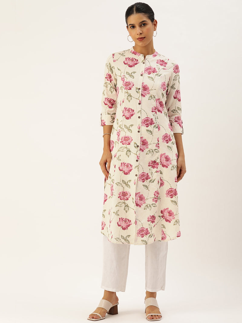 Beige and Pink Floral printed Kurta