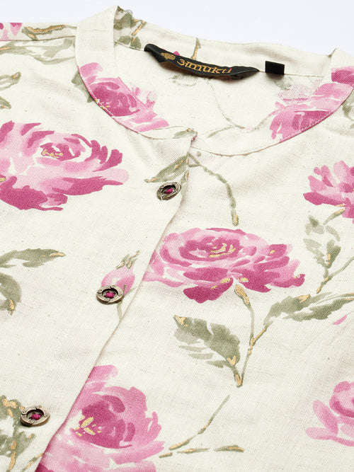 Beige and Pink Floral printed Kurta