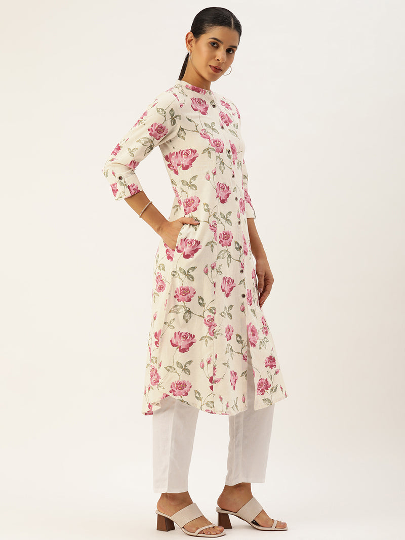 Beige and Pink Floral printed Kurta