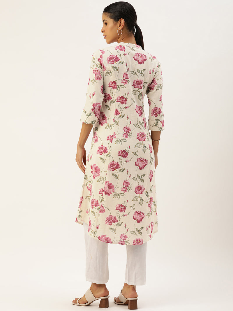Beige and Pink Floral printed Kurta