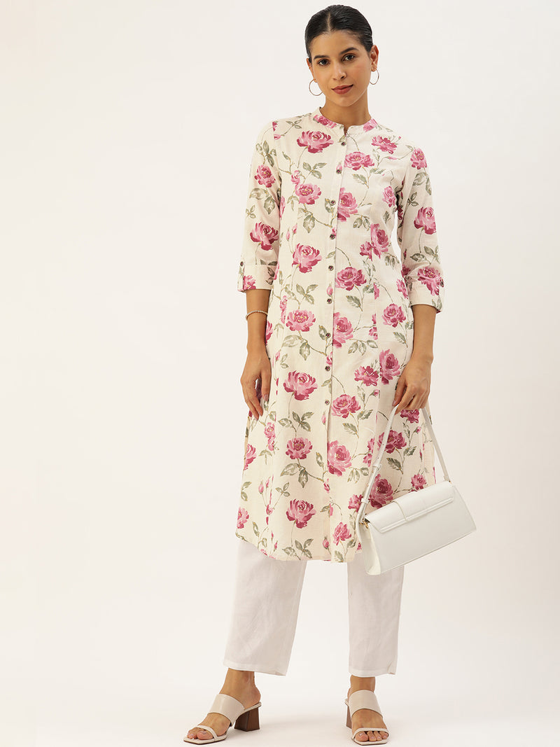Beige and Pink Floral printed Kurta