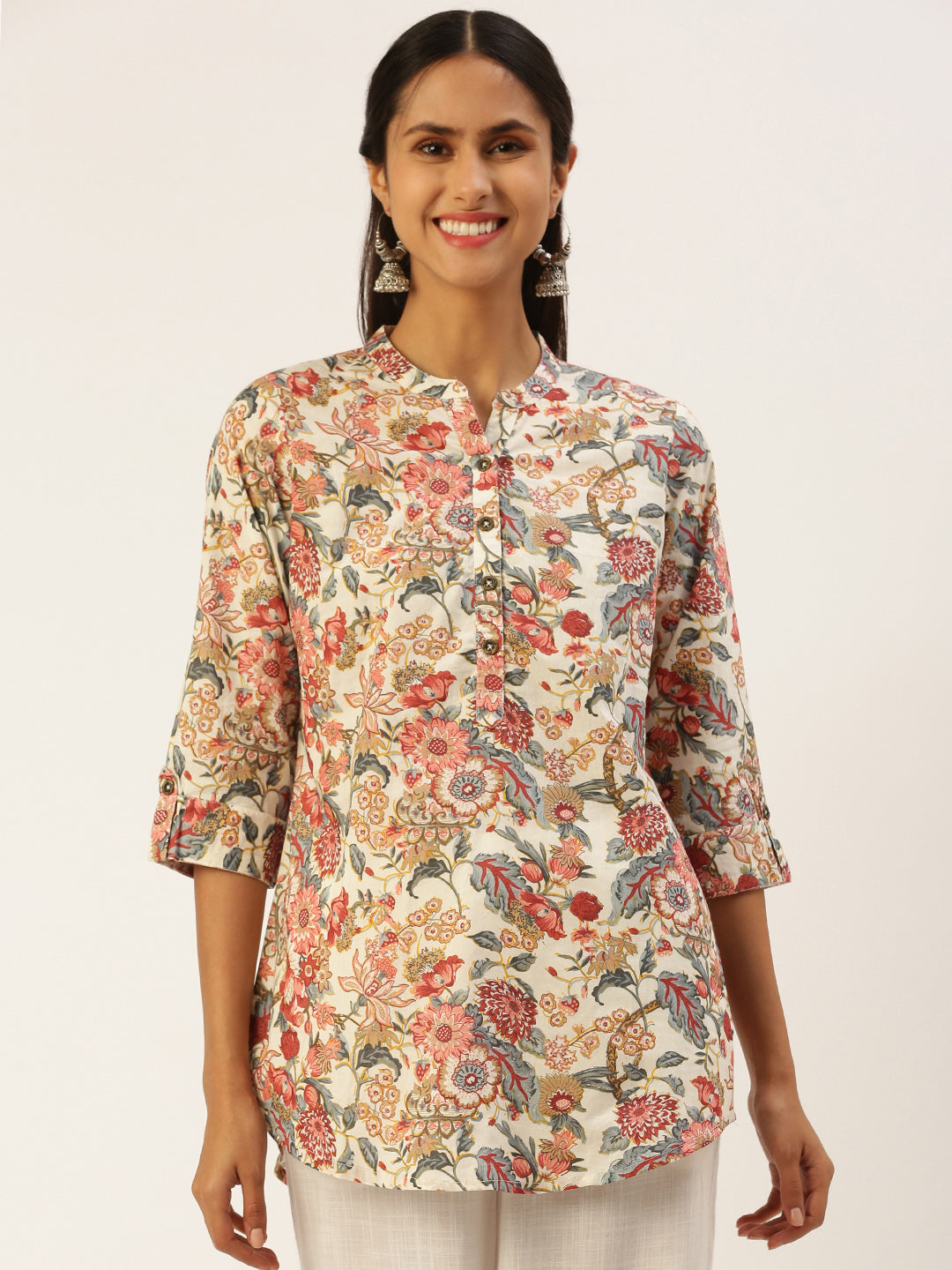 Beige Floral Print Mandarin Collar Tunic