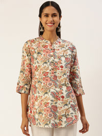 Beige Floral Print Mandarin Collar Tunic