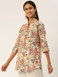 Beige Floral Print Mandarin Collar Tunic