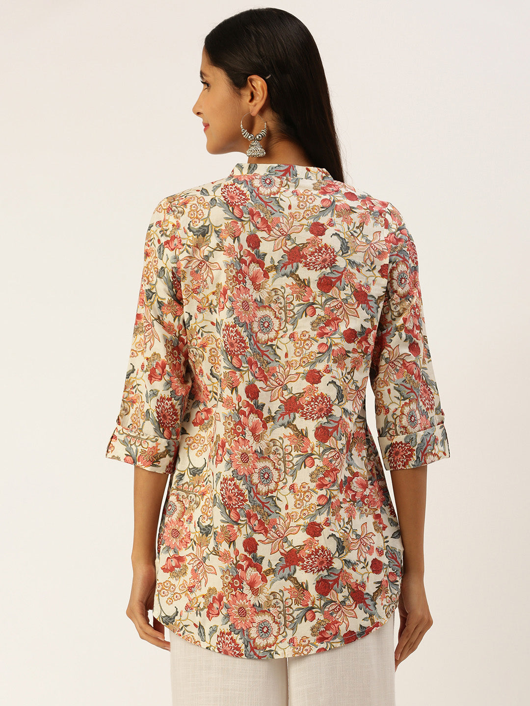 Beige Floral Print Mandarin Collar Tunic