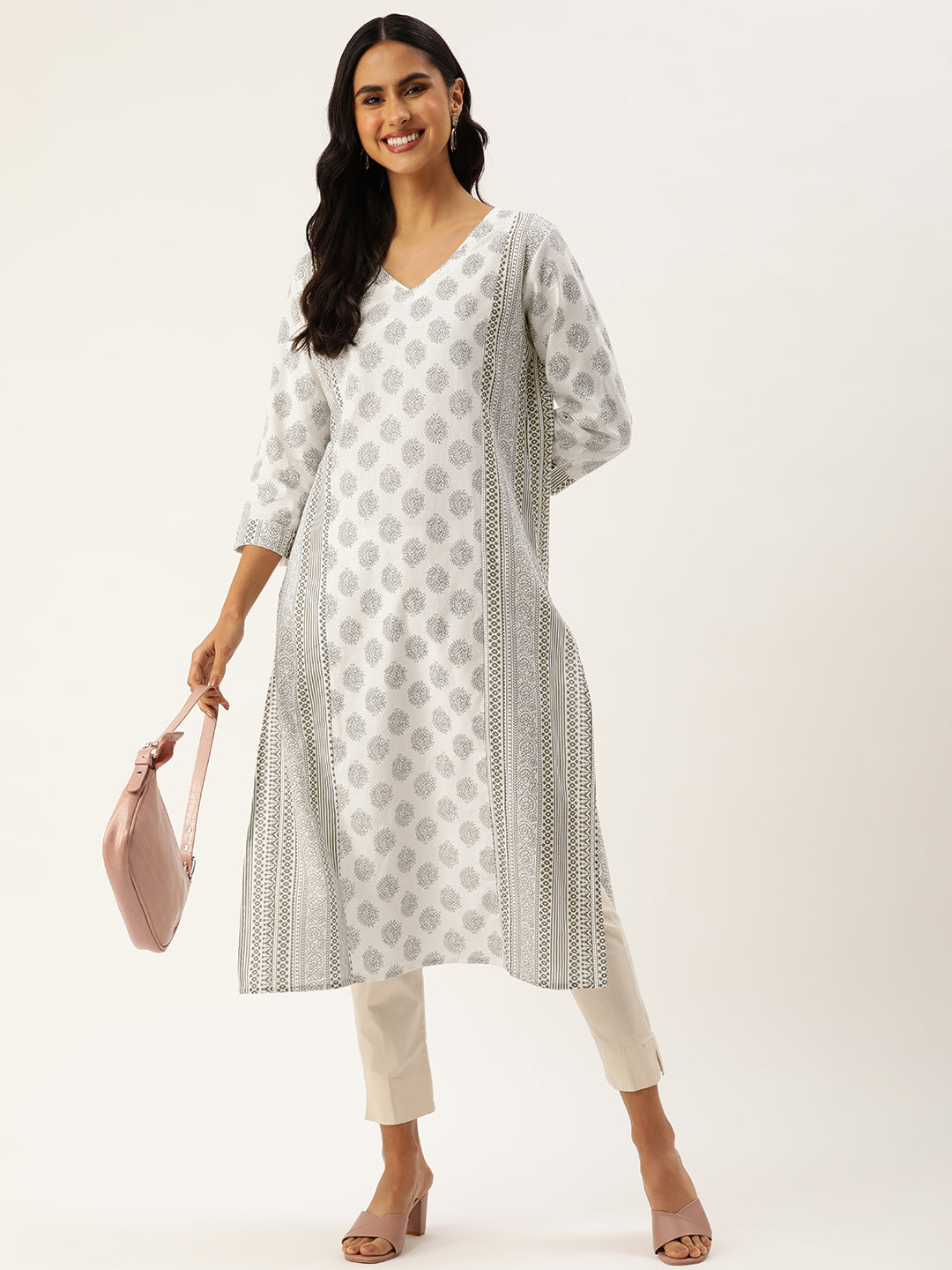 White Ethnic Motifs Printed Straight Kurta