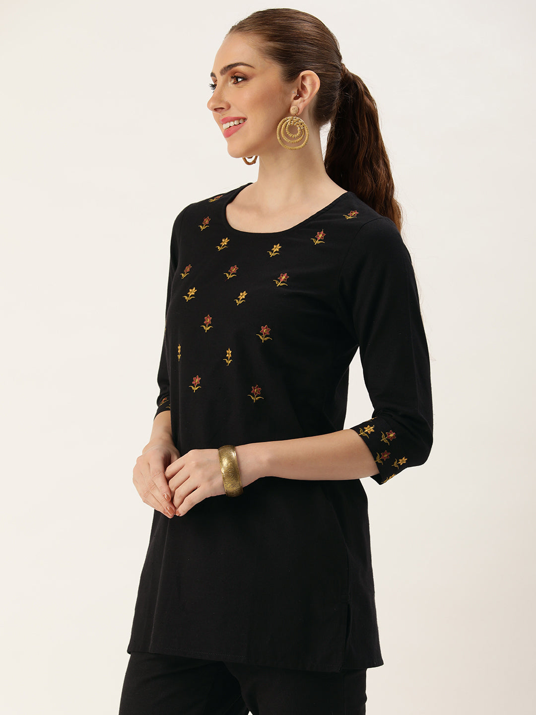 Black Floral Floral Embroidered Tunic