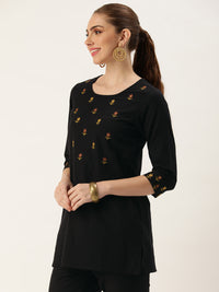 Black Floral Floral Embroidered Tunic