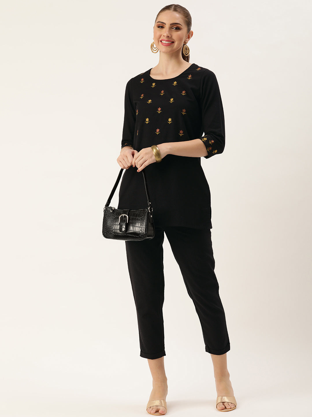 Black Floral Floral Embroidered Tunic