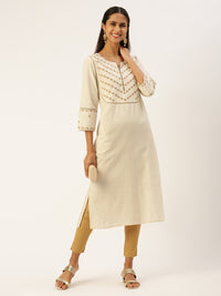 Beige Floral Embroidered Thread Work Kurta