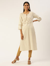 Beige Floral Embroidered Thread Work Kurta