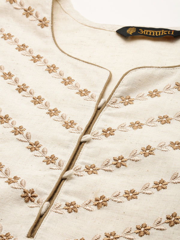 Beige Floral Embroidered Thread Work Kurta