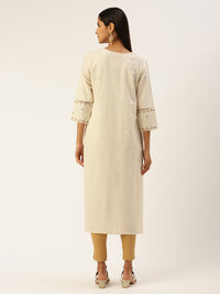 Beige Floral Embroidered Thread Work Kurta