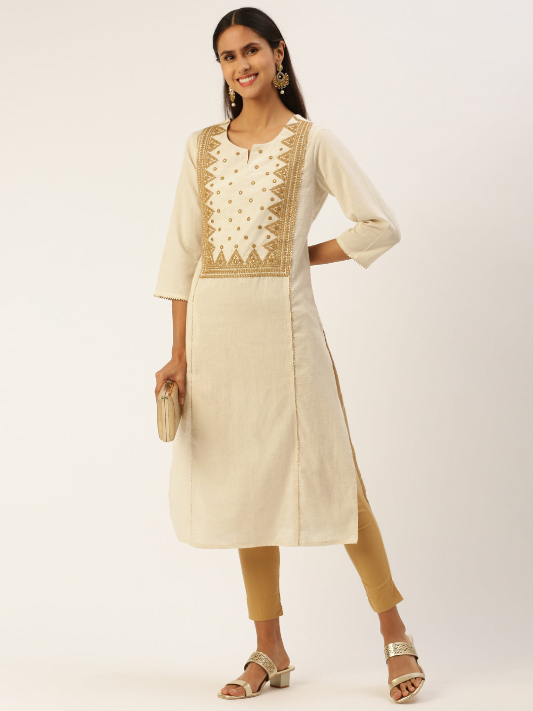 Beige Geometric Embroidered Thread Work Kurta