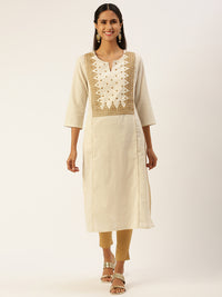 Beige Geometric Embroidered Thread Work Kurta