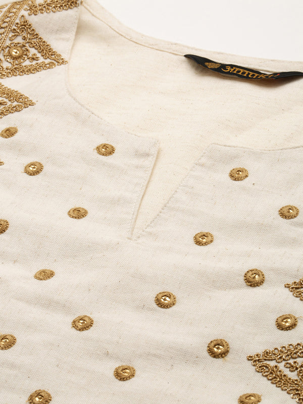 Beige Geometric Embroidered Thread Work Kurta