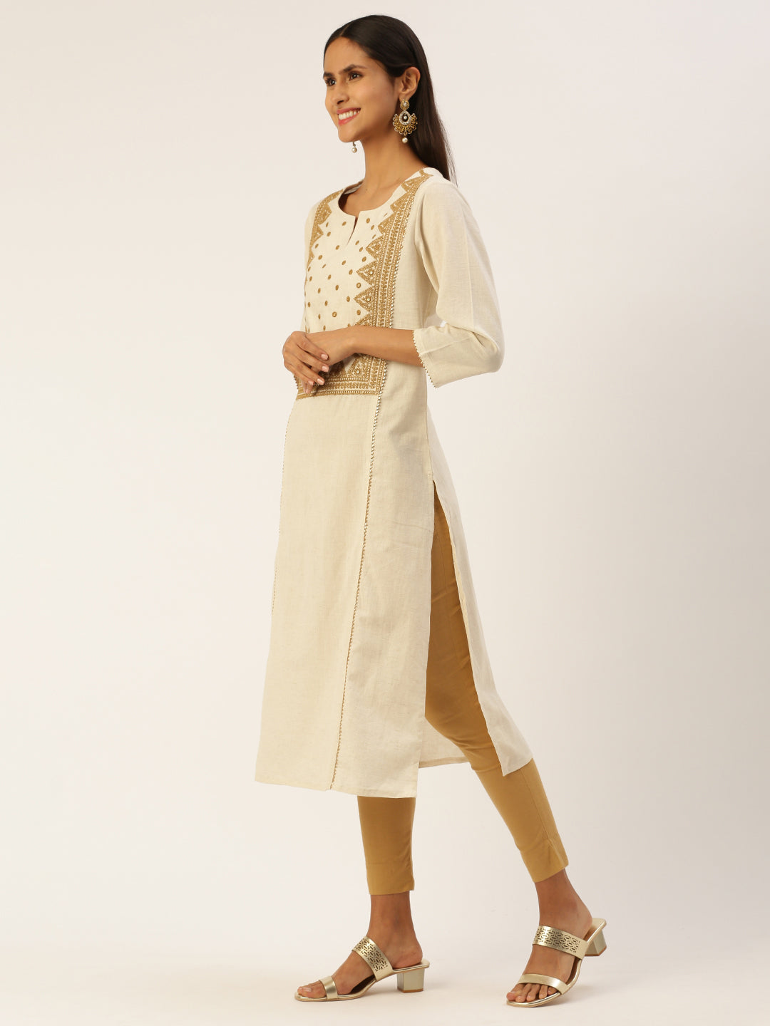 Beige Geometric Embroidered Thread Work Kurta