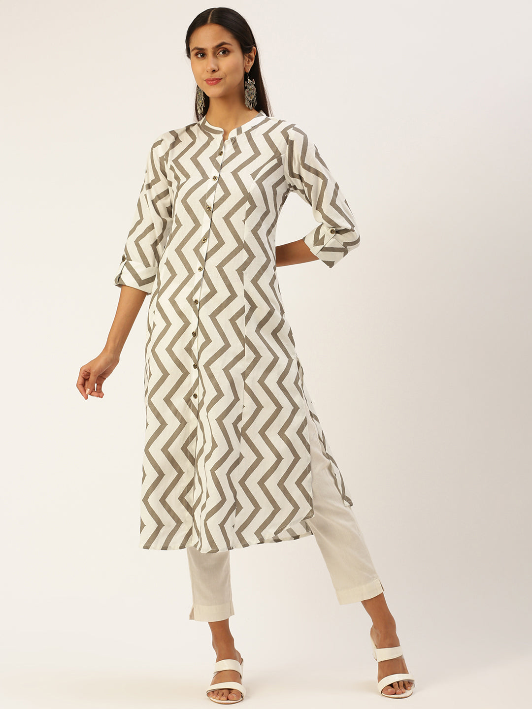 Beige Chevron Printed Princess Cut Kurta