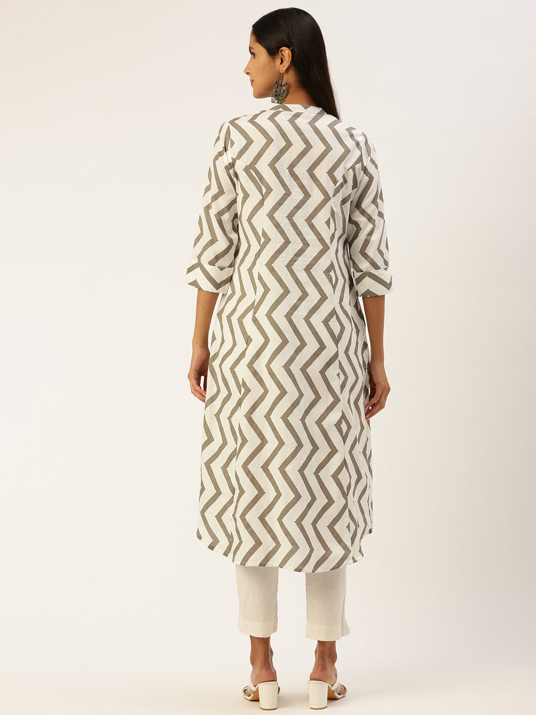 Beige Chevron Printed Princess Cut Kurta