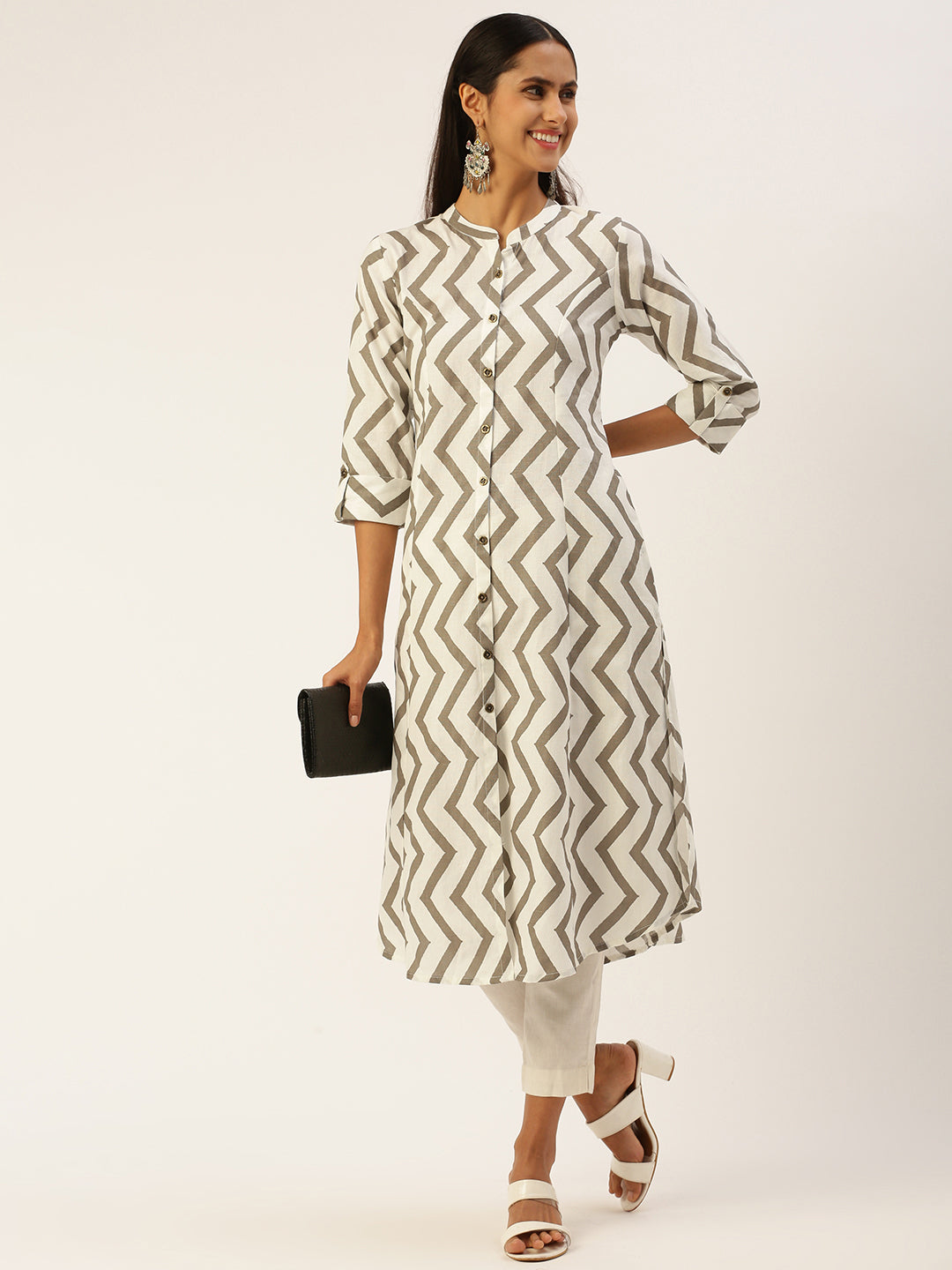 Beige Chevron Printed Princess Cut Kurta