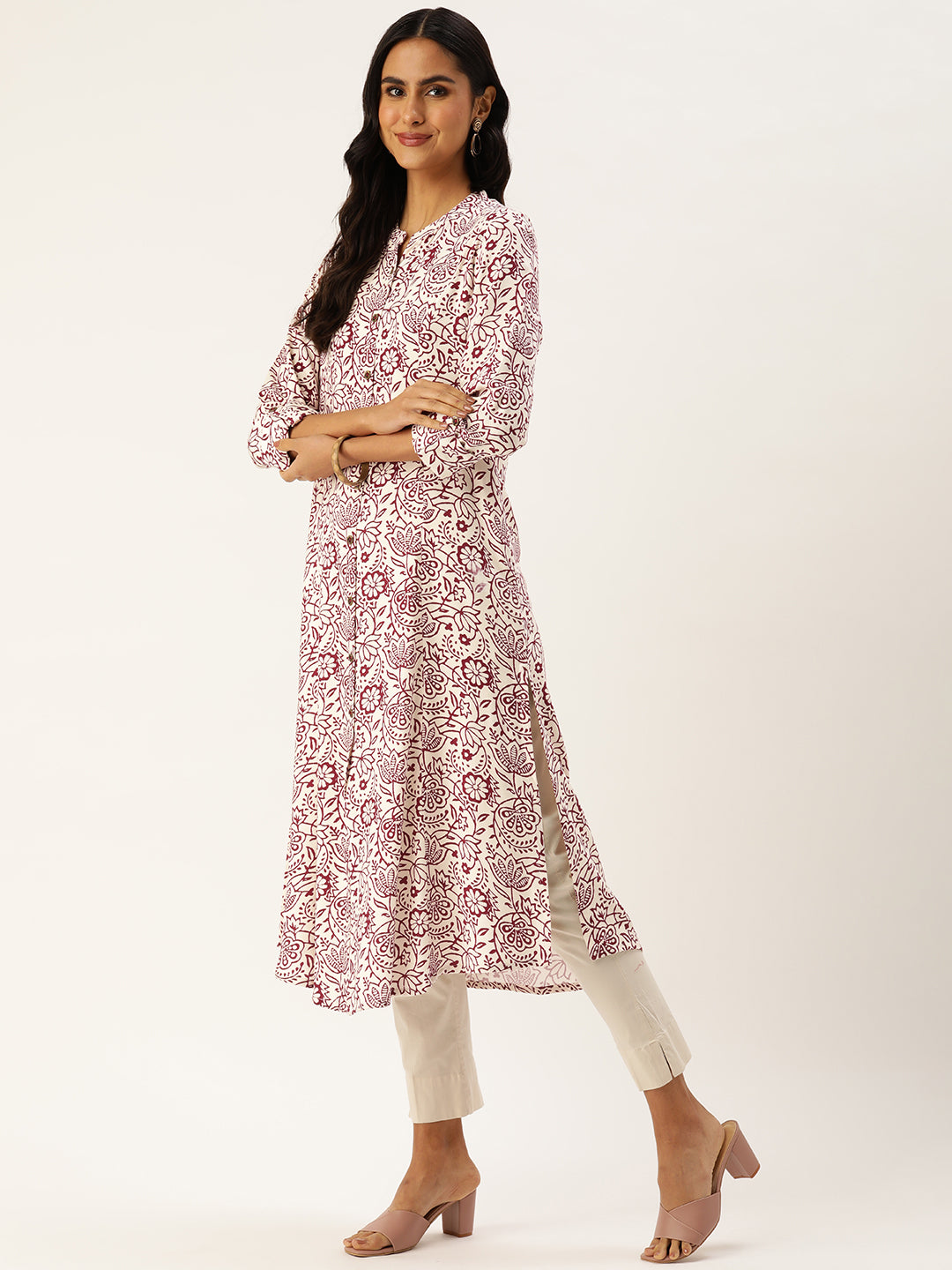 White & Red Ethnic motifs Printed A-Line Kurta