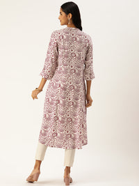 White & Red Ethnic motifs Printed A-Line Kurta