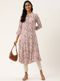 White & Red Ethnic motifs Printed A-Line Kurta