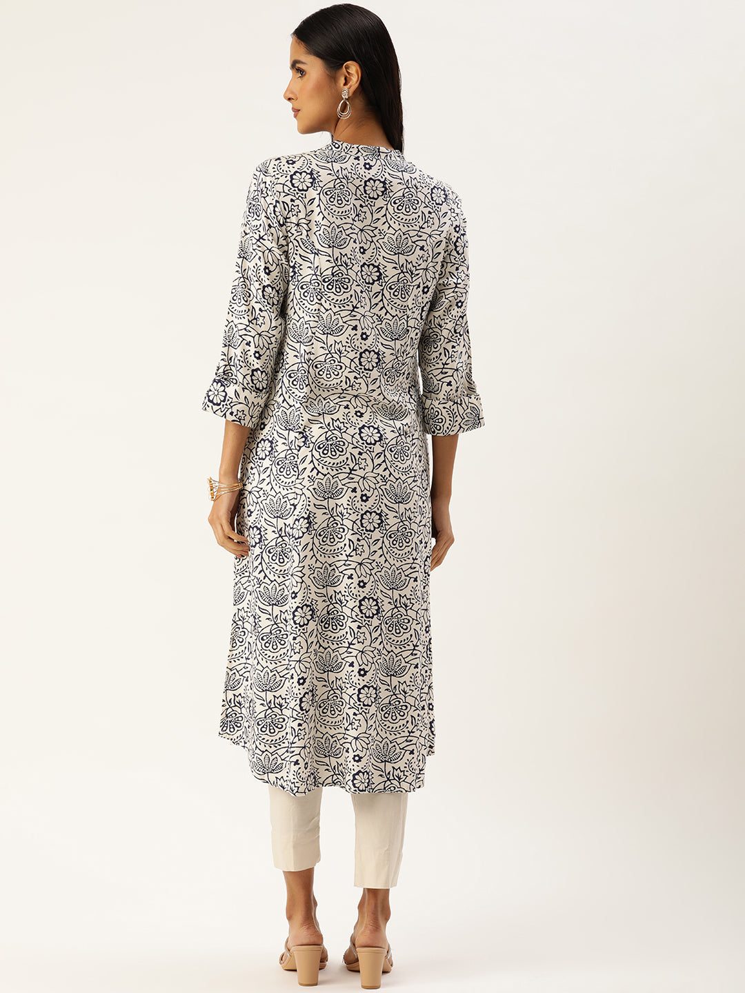 White & Blue Ethnic motifs Printed A-Line Kurta