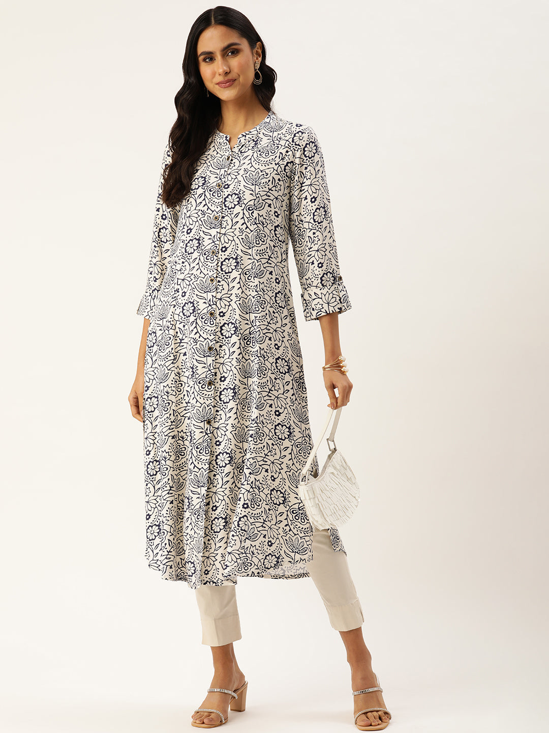 White & Blue Ethnic motifs Printed A-Line Kurta