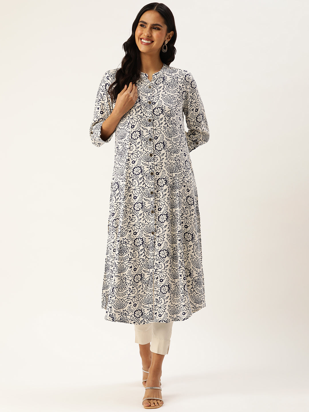 White & Blue Ethnic Motifs Printed A-Line Kurta