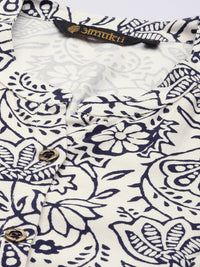 White & Blue Ethnic Motifs Printed A-Line Kurta