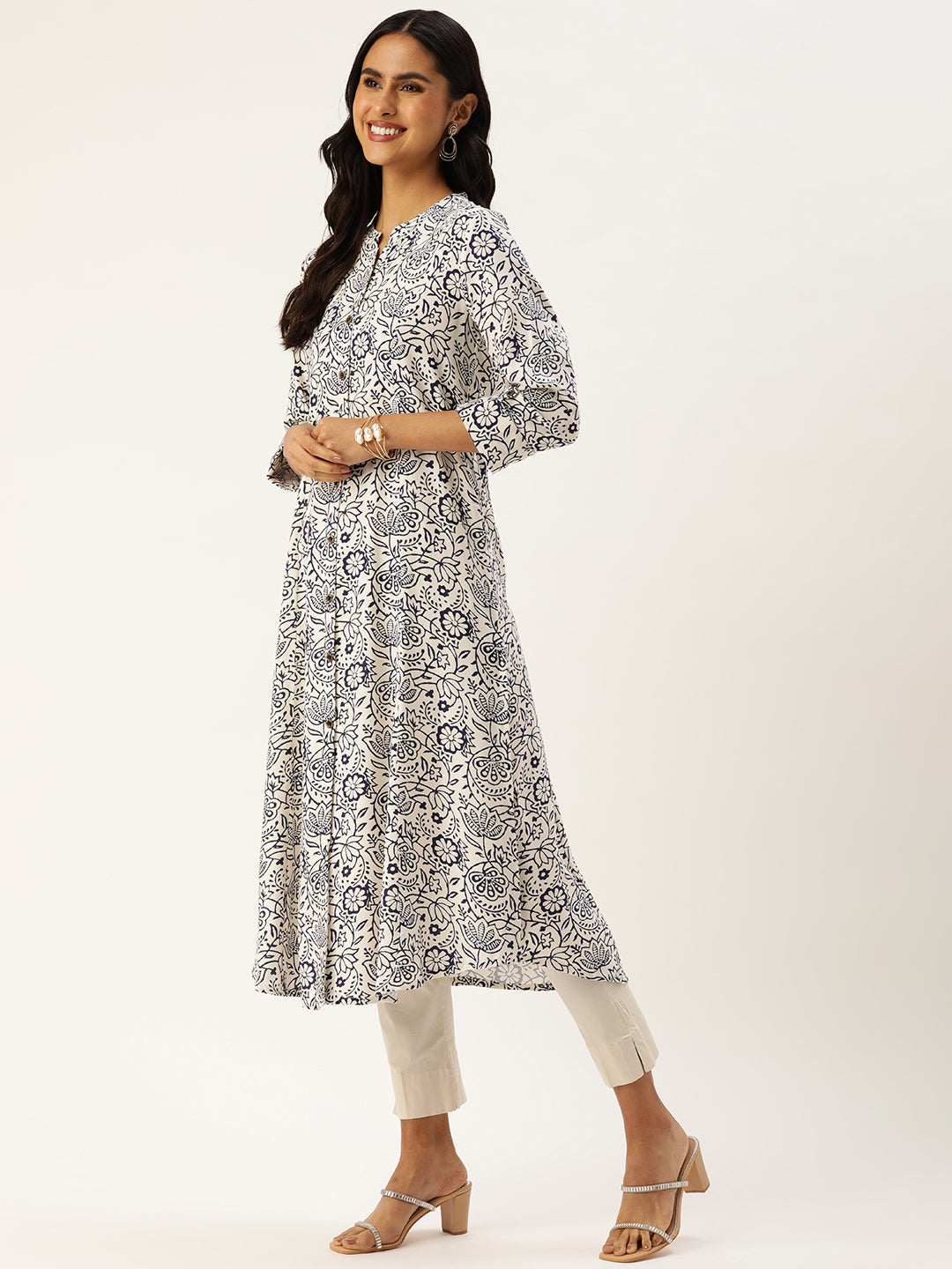 White & Blue Ethnic motifs Printed A-Line Kurta