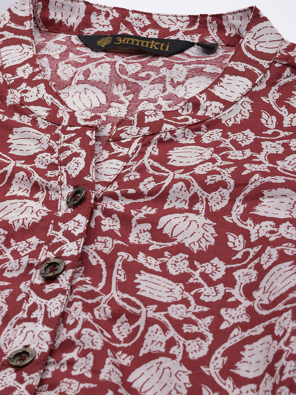 Red Mandarin Collar Printed Tunic