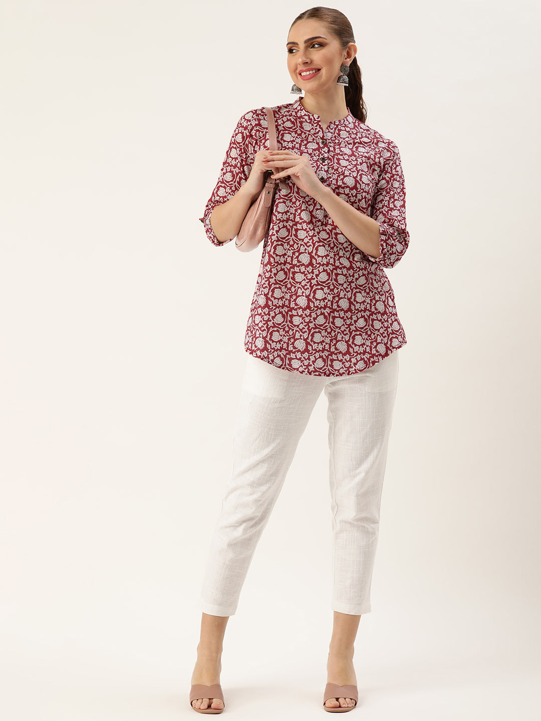 Red Mandarin Collar Printed Tunic
