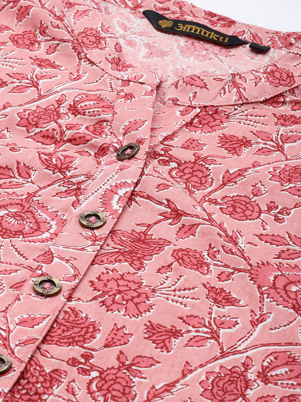 Pink Floral Printed Mandarin Collar Kurta