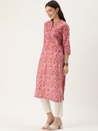 Pink Floral Printed Mandarin Collar Kurta