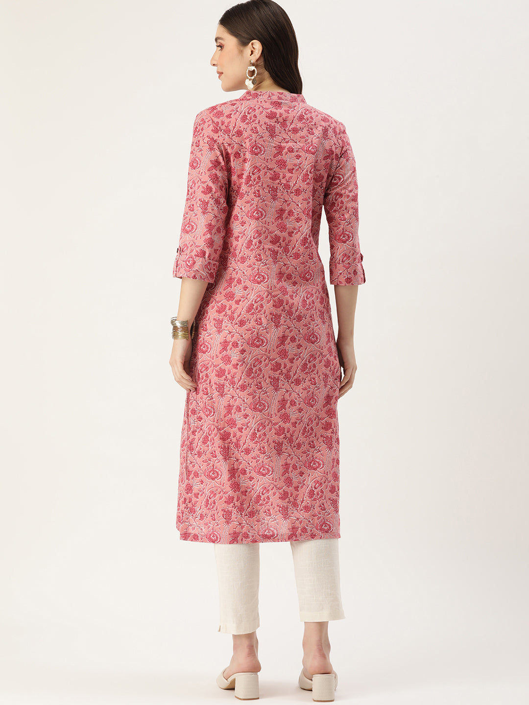 Pink Floral Printed Mandarin Collar Kurta