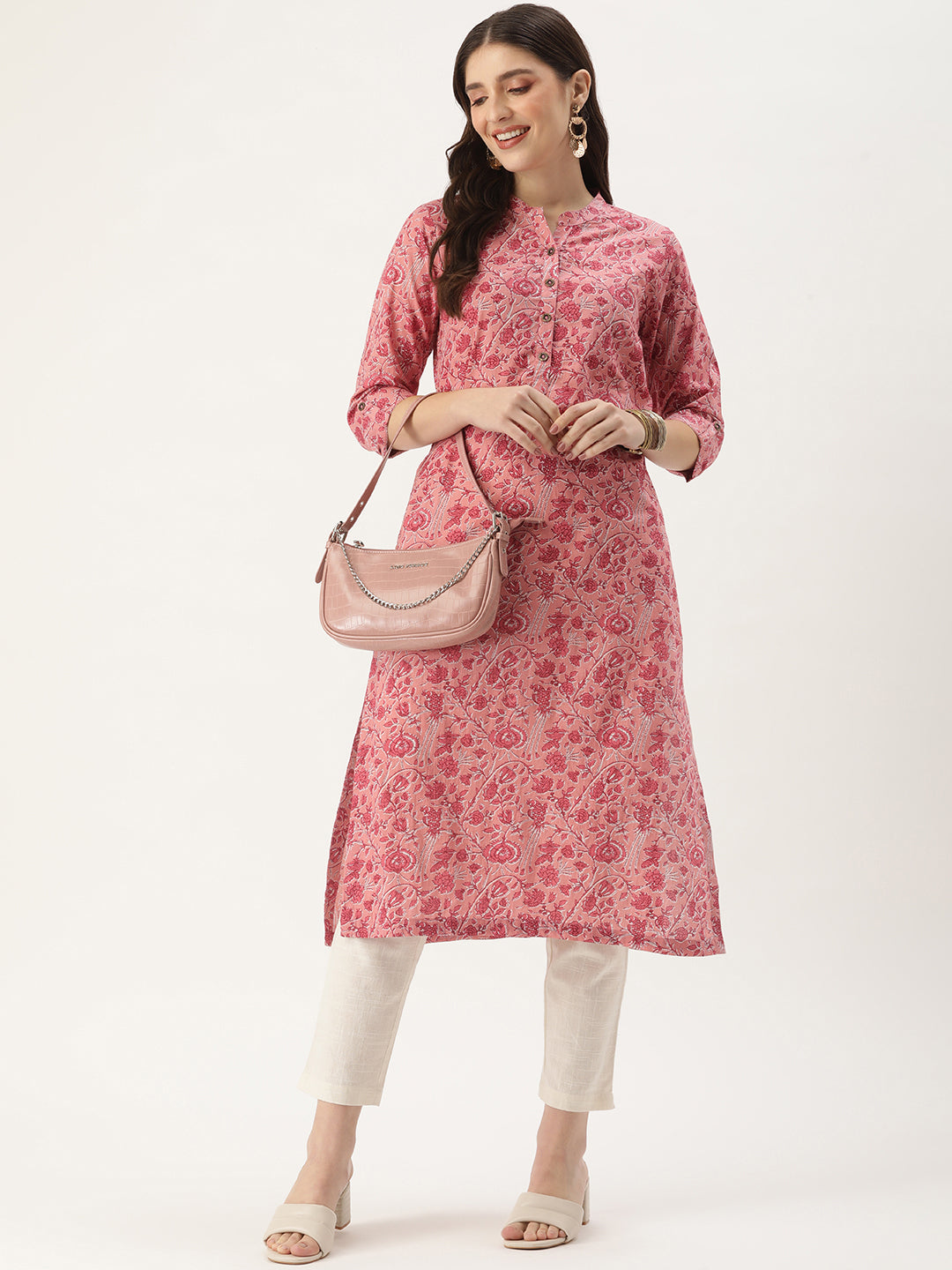 Pink Floral Printed Mandarin Collar Kurta