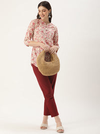 White & Pink Mandarin Collar Floral Printed Tunic