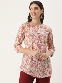 White & Pink Mandarin Collar Floral Printed Tunic