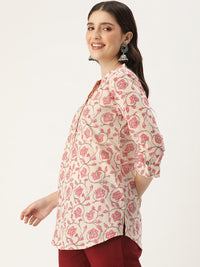 White & Pink Mandarin Collar Floral Printed Tunic