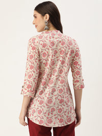 White & Pink Mandarin Collar Floral Printed Tunic